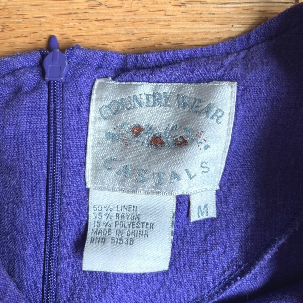 Vintage Country Wear Casuals Purple Linen Blend Embroidered Hem Sun Dress M - Picture 3 of 7